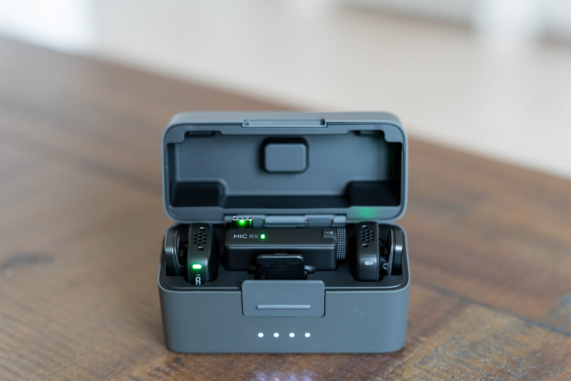 DJI Mic Mini transmitter and receiver in the charging case