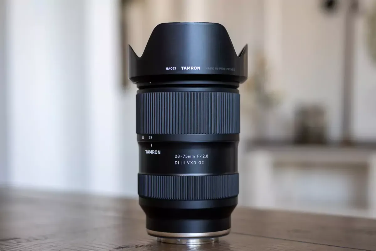 Close-up product photo of the Tamron 28-75mm f/2.8 Di III VXD G2 lens, highlighting its design and build quality.